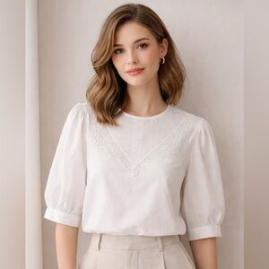 Vintage White Lace-Trim Puff Sleeve Top handmade cottage